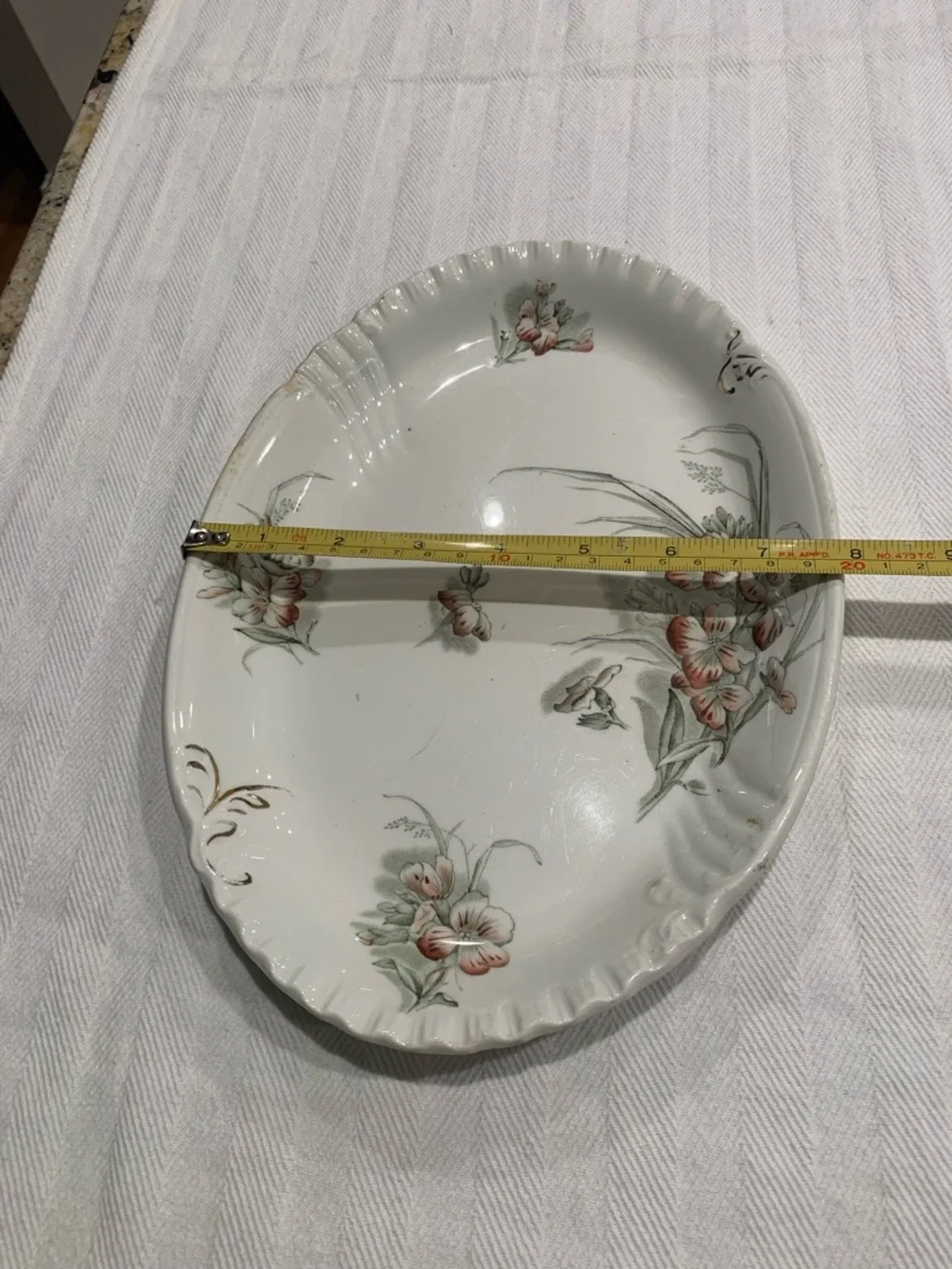 Antique Ironstone Transferware Platter, Soft Peach and Sage floral